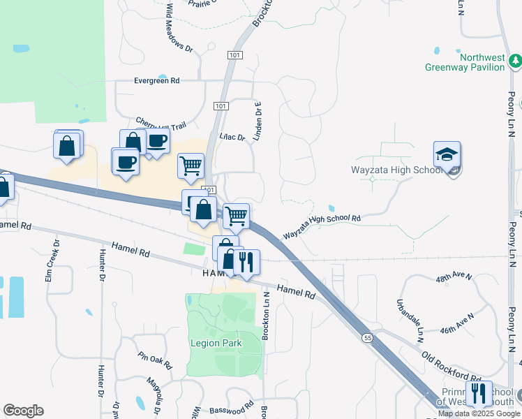 map of restaurants, bars, coffee shops, grocery stores, and more near 72 Minnesota 101 in Medina