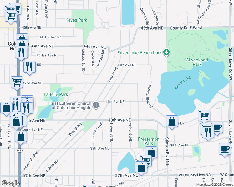 map of restaurants, bars, coffee shops, grocery stores, and more near 4133 Polk Street Northeast in Minneapolis