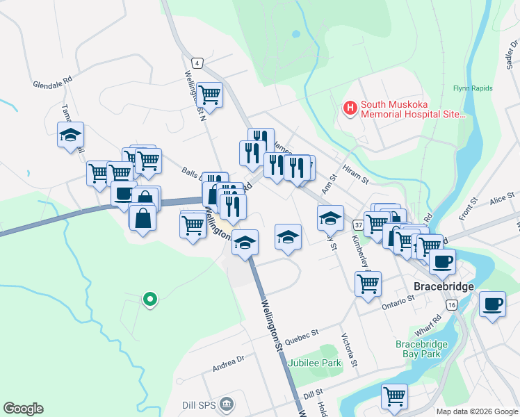 map of restaurants, bars, coffee shops, grocery stores, and more near 12 A Valley Drive in Bracebridge