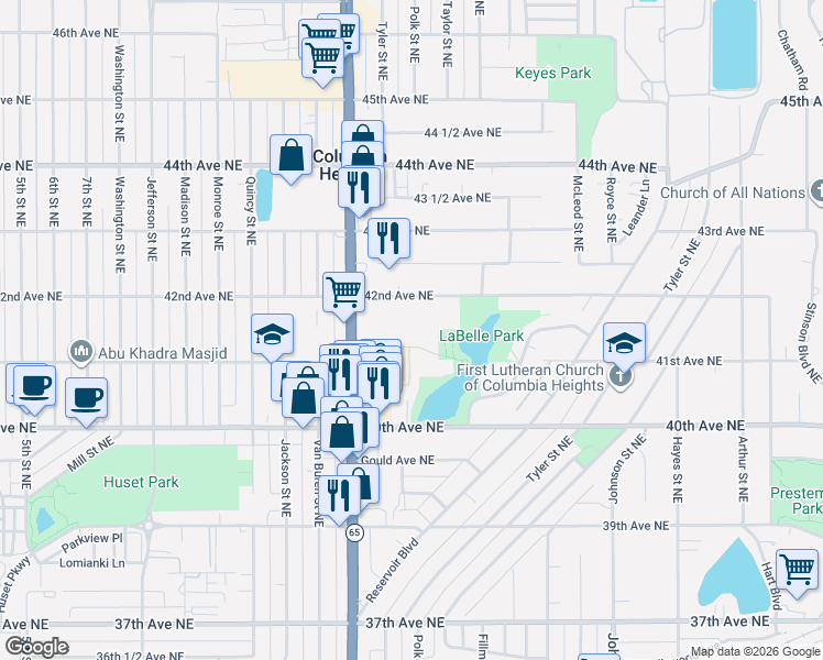 map of restaurants, bars, coffee shops, grocery stores, and more near 1011 41st Avenue Northeast in Columbia Heights