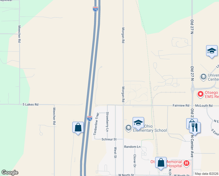 map of restaurants, bars, coffee shops, grocery stores, and more near 1326-1342 Morgan Road in Gaylord