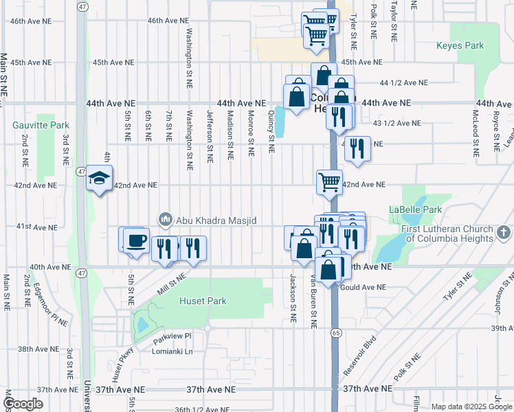 map of restaurants, bars, coffee shops, grocery stores, and more near 4131 Monroe Street Northeast in Minneapolis