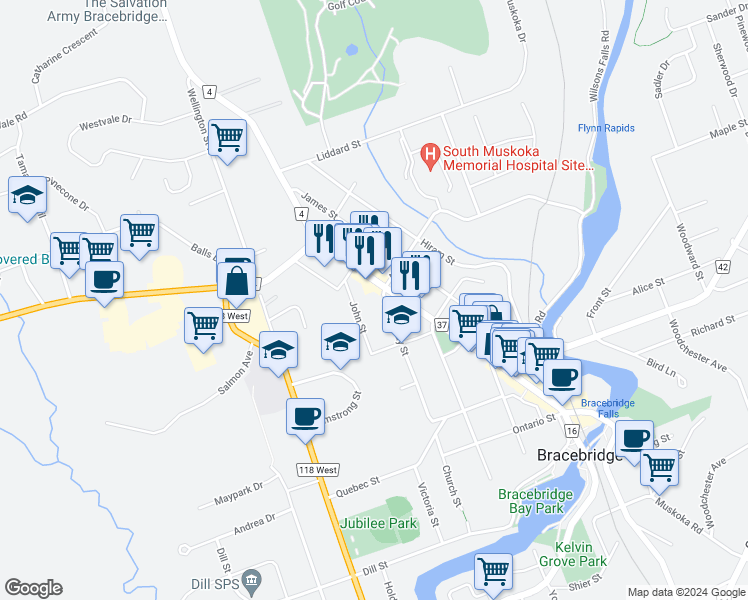 map of restaurants, bars, coffee shops, grocery stores, and more near 144 McMurray Street in Bracebridge