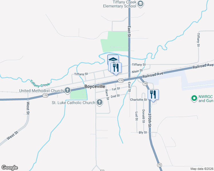 map of restaurants, bars, coffee shops, grocery stores, and more near 925 1st Street in Boyceville