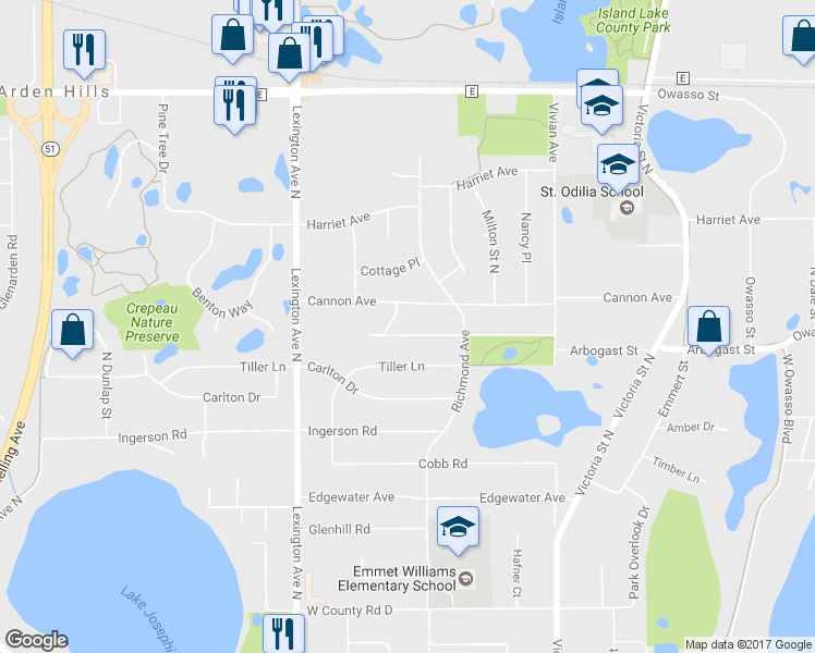 map of restaurants, bars, coffee shops, grocery stores, and more near 997 Arbogast Street in Shoreview