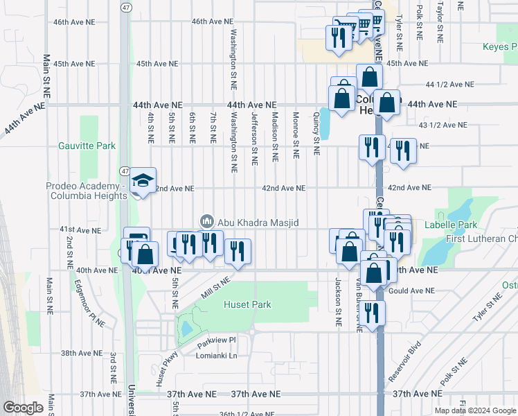 map of restaurants, bars, coffee shops, grocery stores, and more near 4131 Jefferson Street Northeast in Columbia Heights