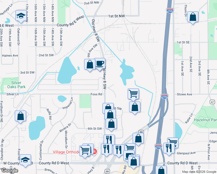 map of restaurants, bars, coffee shops, grocery stores, and more near 395 Old Highway 8 Southwest in Saint Paul