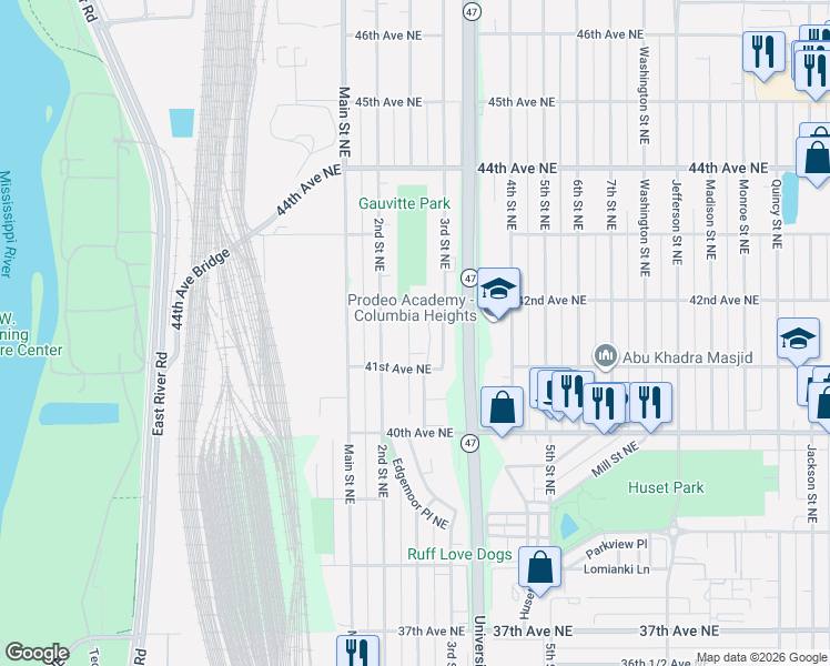 map of restaurants, bars, coffee shops, grocery stores, and more near 4146 Maureen Drive Northeast in Minneapolis