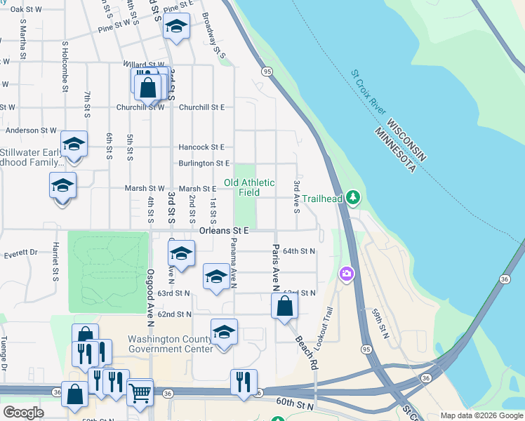 map of restaurants, bars, coffee shops, grocery stores, and more near 1316 4th Avenue South in Stillwater