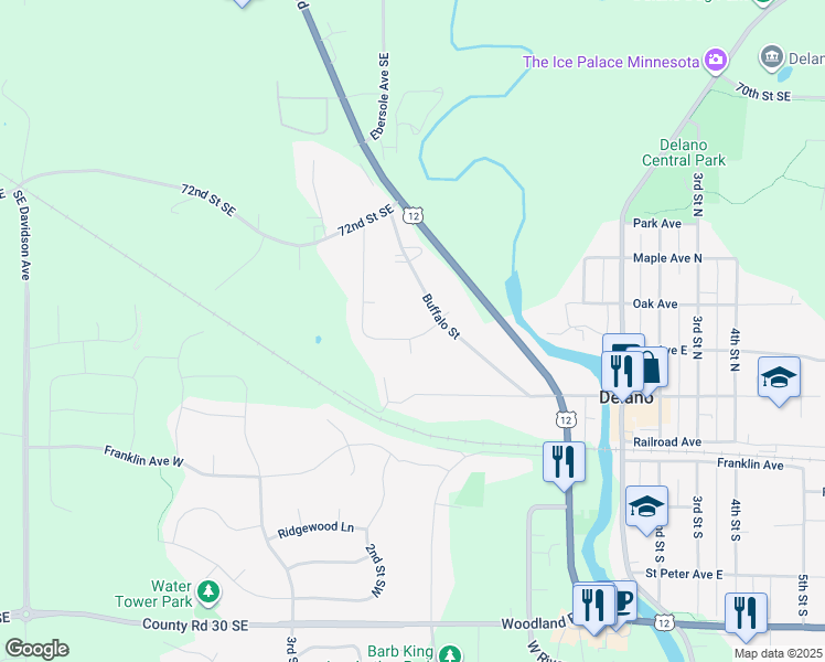 map of restaurants, bars, coffee shops, grocery stores, and more near 480 Merriman Drive in Delano
