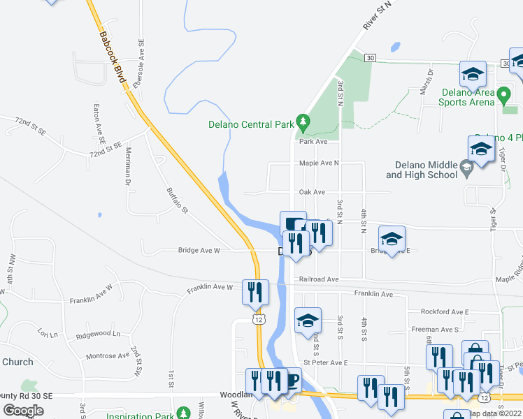 map of restaurants, bars, coffee shops, grocery stores, and more near 265 River Street North in Delano