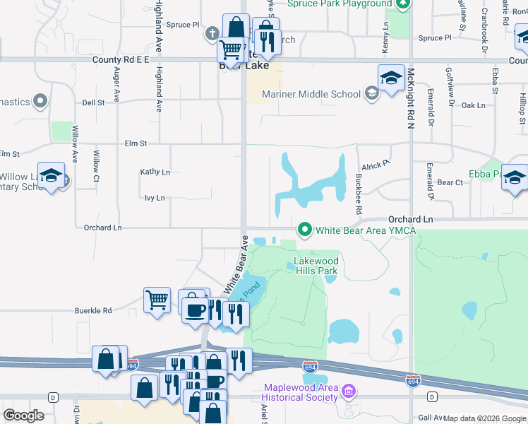 map of restaurants, bars, coffee shops, grocery stores, and more near 3385 Van Dyke Street in White Bear Lake