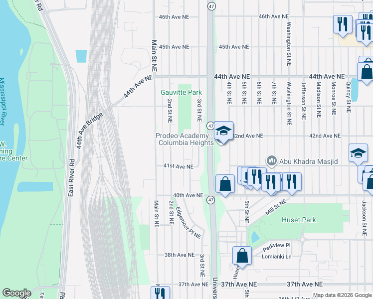map of restaurants, bars, coffee shops, grocery stores, and more near 4146 Maureen Drive Northeast in Minneapolis