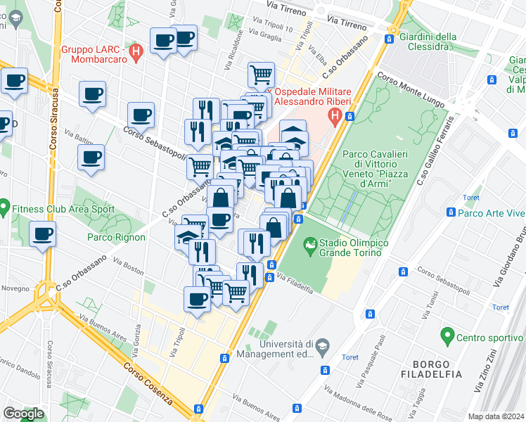 map of restaurants, bars, coffee shops, grocery stores, and more near in Turin