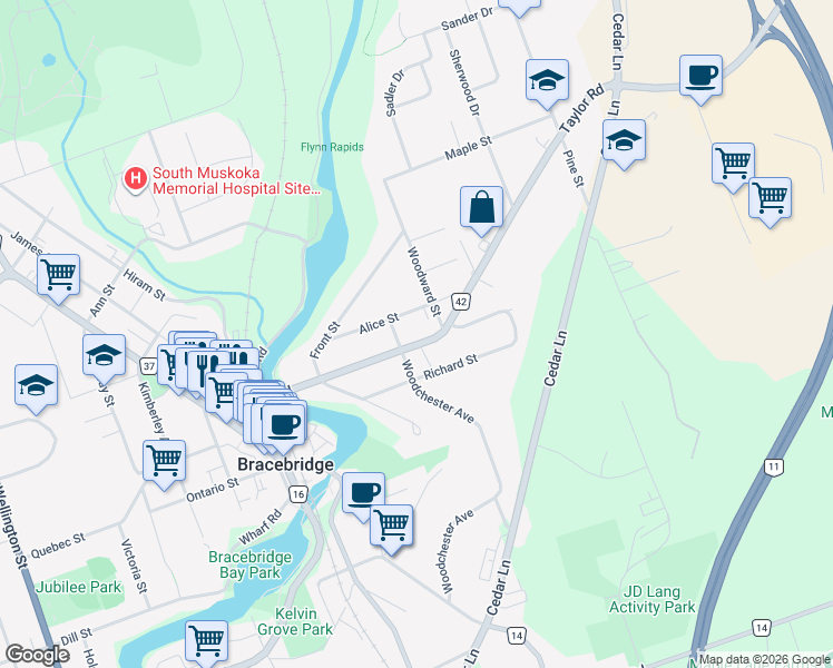 map of restaurants, bars, coffee shops, grocery stores, and more near 120 Muskoka District Road 42 in Bracebridge