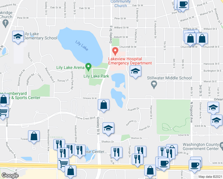 map of restaurants, bars, coffee shops, grocery stores, and more near 1451 Greeley St S in Stillwater