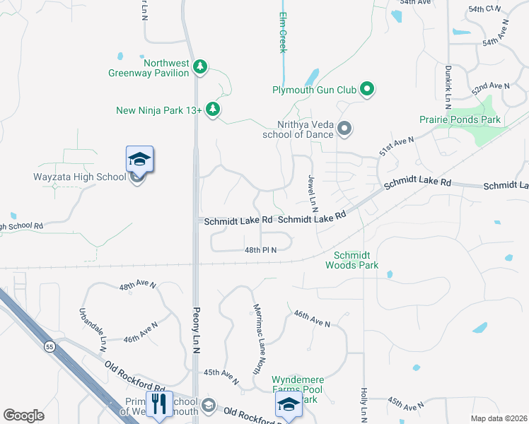 map of restaurants, bars, coffee shops, grocery stores, and more near 17510 49th Avenue North in Minneapolis