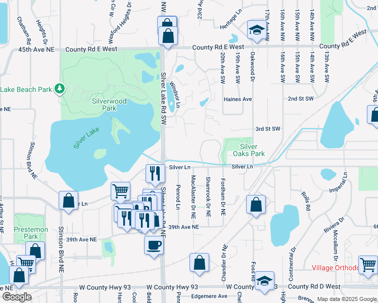 map of restaurants, bars, coffee shops, grocery stores, and more near 2312 Silver Lane in Saint Paul