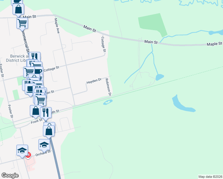 map of restaurants, bars, coffee shops, grocery stores, and more near 6 Robinson Drive in Berwick