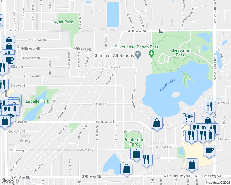 map of restaurants, bars, coffee shops, grocery stores, and more near 4140 Arthur Street Northeast in Minneapolis