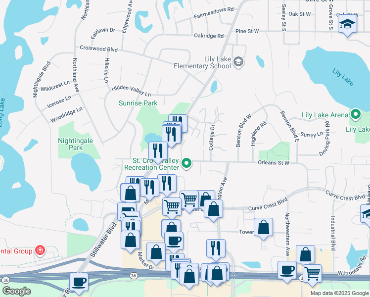 map of restaurants, bars, coffee shops, grocery stores, and more near 2400 Orleans Street West in Stillwater
