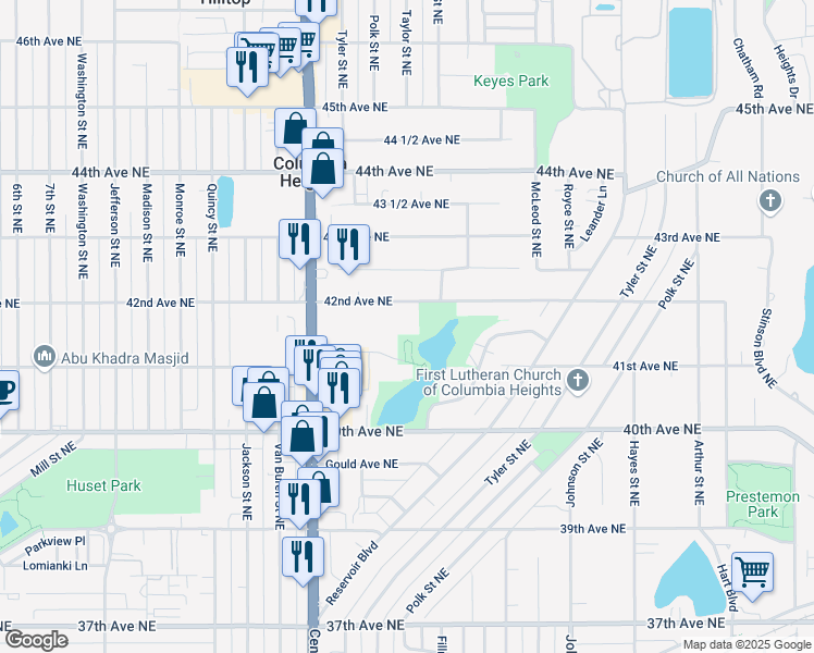 map of restaurants, bars, coffee shops, grocery stores, and more near 1150 42nd Avenue Northeast in Minneapolis