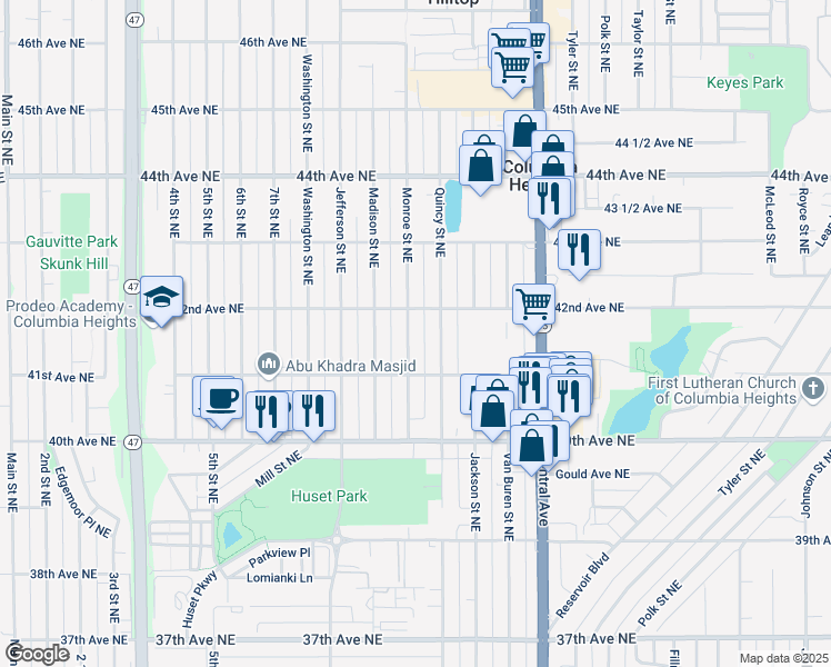 map of restaurants, bars, coffee shops, grocery stores, and more near 4131 Monroe Street Northeast in Minneapolis