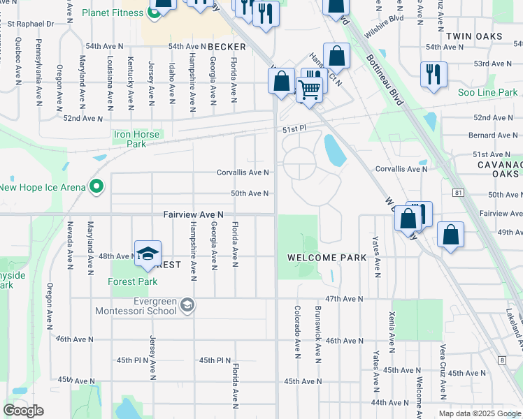 map of restaurants, bars, coffee shops, grocery stores, and more near 4859 Edgewood Avenue North in Minneapolis