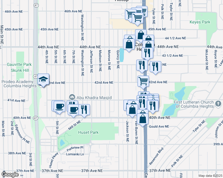 map of restaurants, bars, coffee shops, grocery stores, and more near 4131 Monroe Street Northeast in Minneapolis