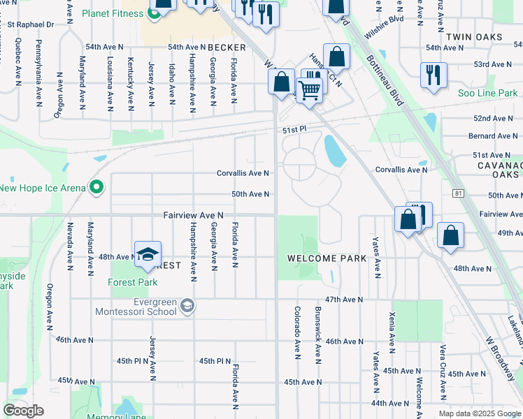 map of restaurants, bars, coffee shops, grocery stores, and more near 4859 Edgewood Avenue North in Minneapolis