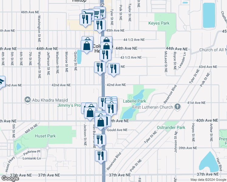 map of restaurants, bars, coffee shops, grocery stores, and more near 999 41st Avenue Northeast in Minneapolis