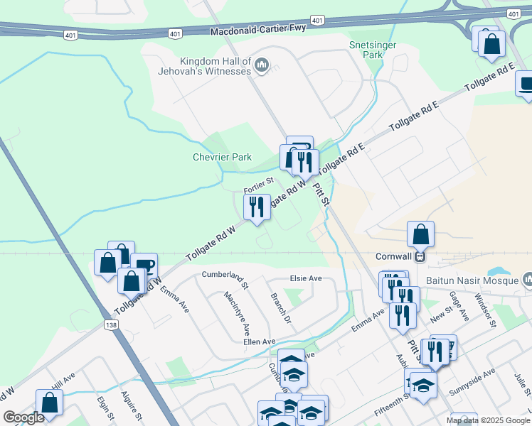 map of restaurants, bars, coffee shops, grocery stores, and more near 186 Heritage Place in Cornwall