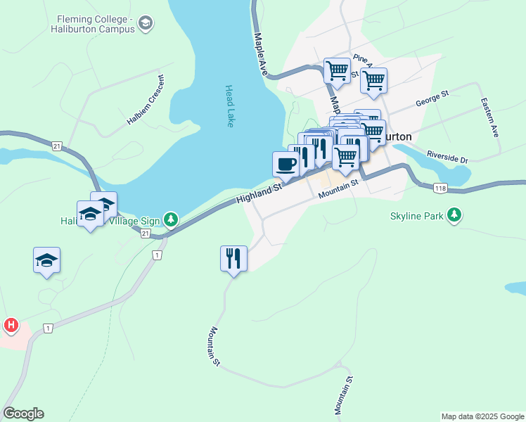 map of restaurants, bars, coffee shops, grocery stores, and more near 561 Mountain Street in Haliburton
