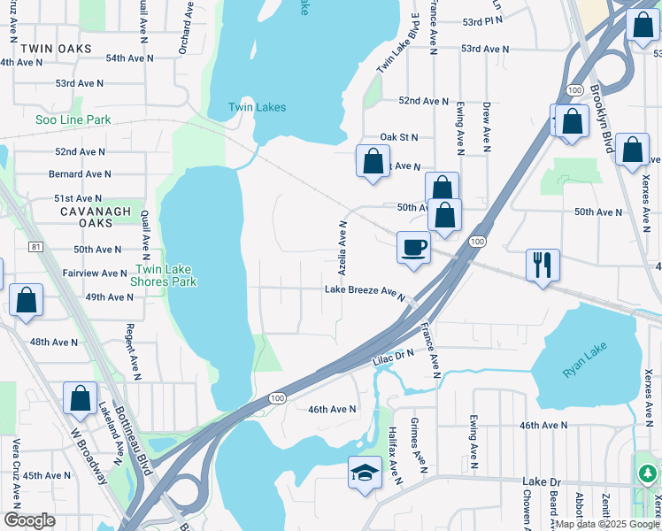 map of restaurants, bars, coffee shops, grocery stores, and more near 4807 Azelia Avenue North in Minneapolis