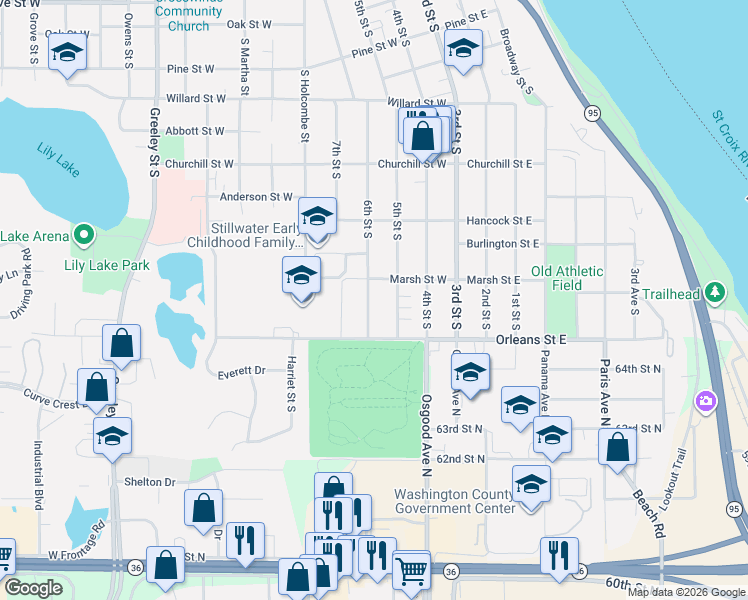 map of restaurants, bars, coffee shops, grocery stores, and more near 1319 6th Street South in Stillwater