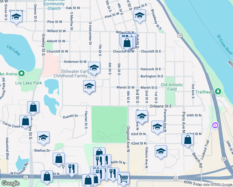 map of restaurants, bars, coffee shops, grocery stores, and more near 1333 6th Street South in Stillwater