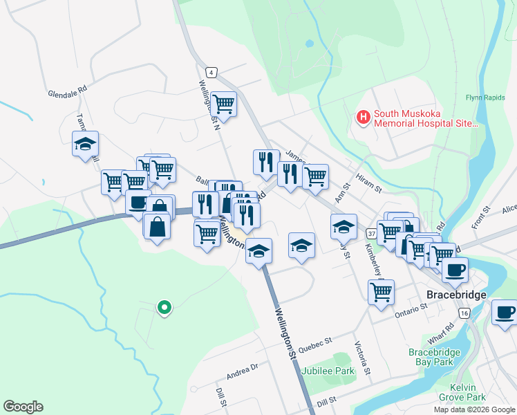 map of restaurants, bars, coffee shops, grocery stores, and more near 25 Wellington Court in Bracebridge