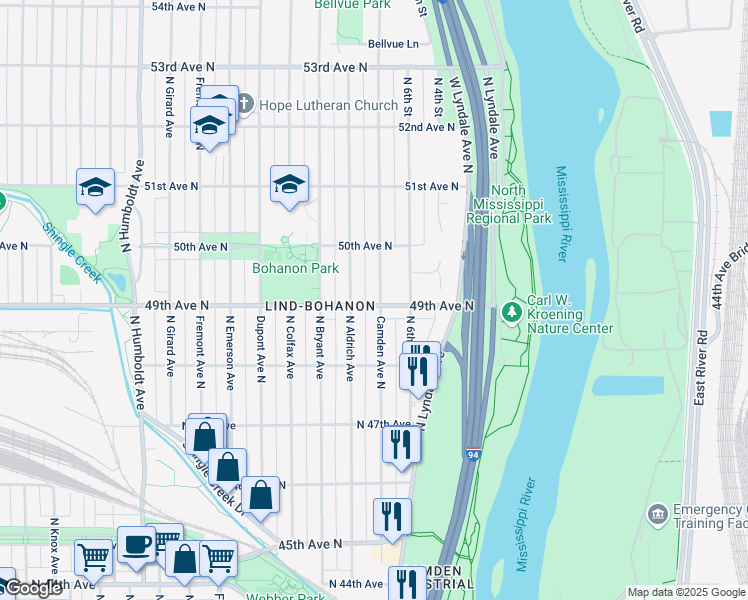 map of restaurants, bars, coffee shops, grocery stores, and more near 4901 Camden Avenue North in Minneapolis