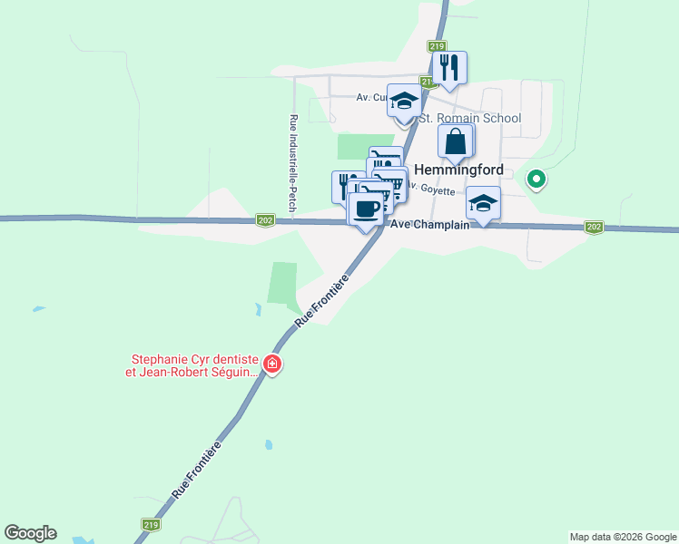 map of restaurants, bars, coffee shops, grocery stores, and more near 453 Rue Frontière in Hemmingford