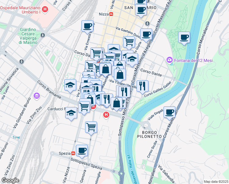 map of restaurants, bars, coffee shops, grocery stores, and more near 160A Via Ormea in Torino