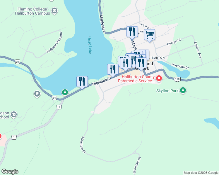 map of restaurants, bars, coffee shops, grocery stores, and more near 613 Mountain Street in Dysart and Others