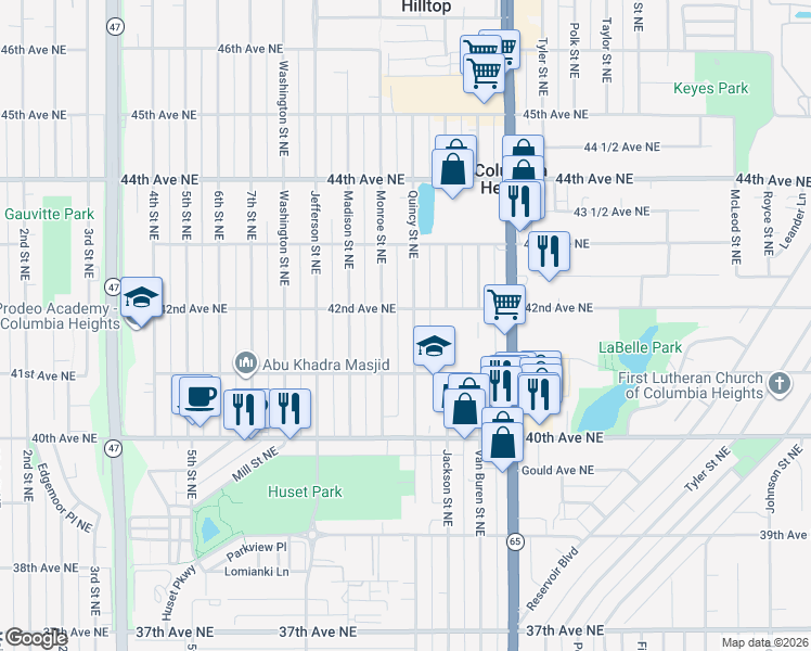 map of restaurants, bars, coffee shops, grocery stores, and more near 4144 Quincy Street Northeast in Minneapolis