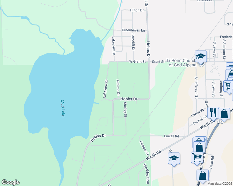 map of restaurants, bars, coffee shops, grocery stores, and more near 2247-2273 Hobbs Drive in Alpena