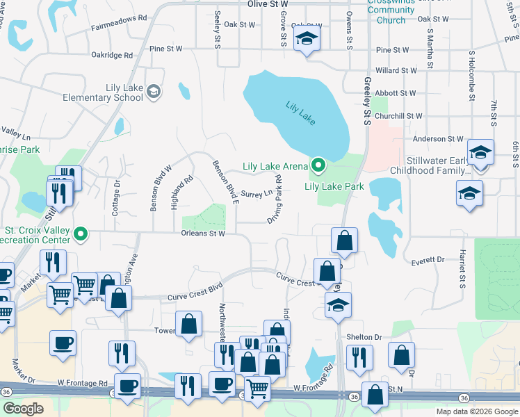 map of restaurants, bars, coffee shops, grocery stores, and more near 1339 Paddock Circle in Stillwater