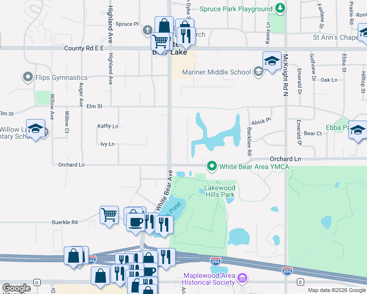 map of restaurants, bars, coffee shops, grocery stores, and more near 3385 Van Dyke Street in White Bear Lake