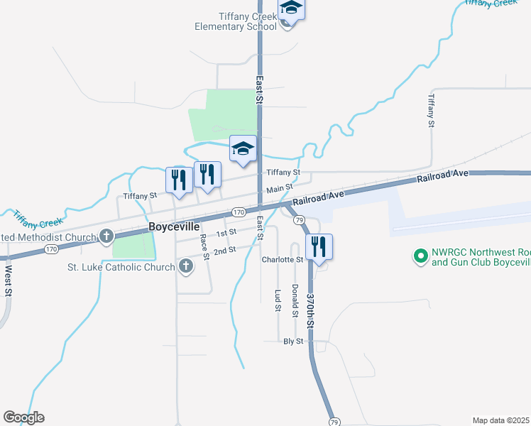map of restaurants, bars, coffee shops, grocery stores, and more near 915 Wisconsin 79 in Boyceville