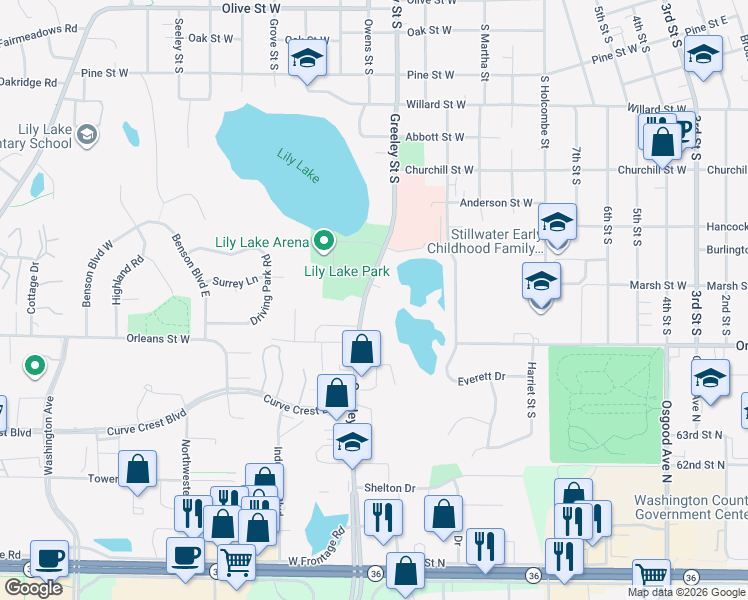 map of restaurants, bars, coffee shops, grocery stores, and more near 1451 Greeley Street South in Stillwater
