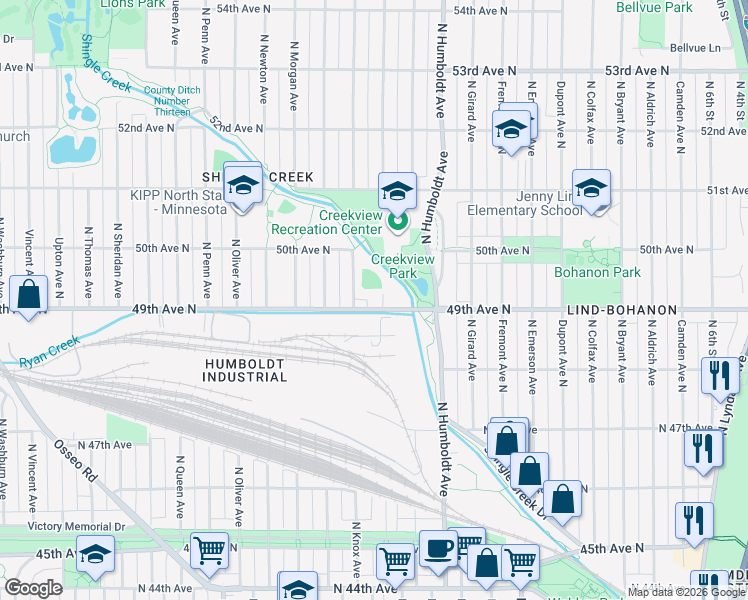 map of restaurants, bars, coffee shops, grocery stores, and more near 1700 North 47th Avenue in Minneapolis