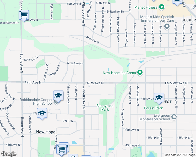 map of restaurants, bars, coffee shops, grocery stores, and more near 7703 49th Avenue North in Minneapolis