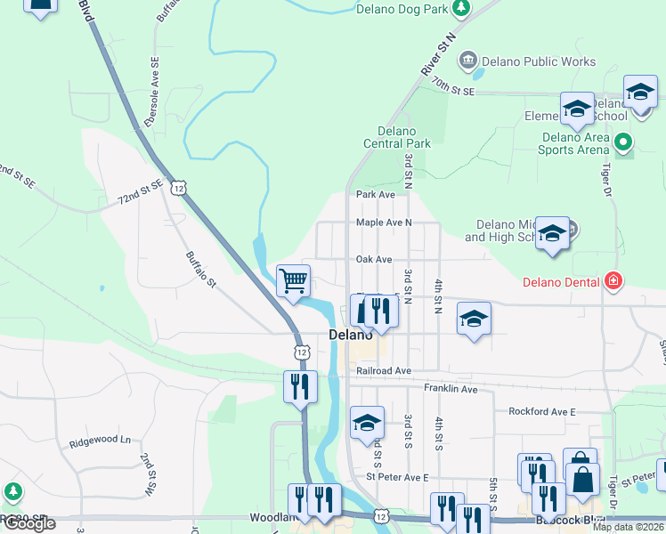 map of restaurants, bars, coffee shops, grocery stores, and more near 265 River Street North in Delano